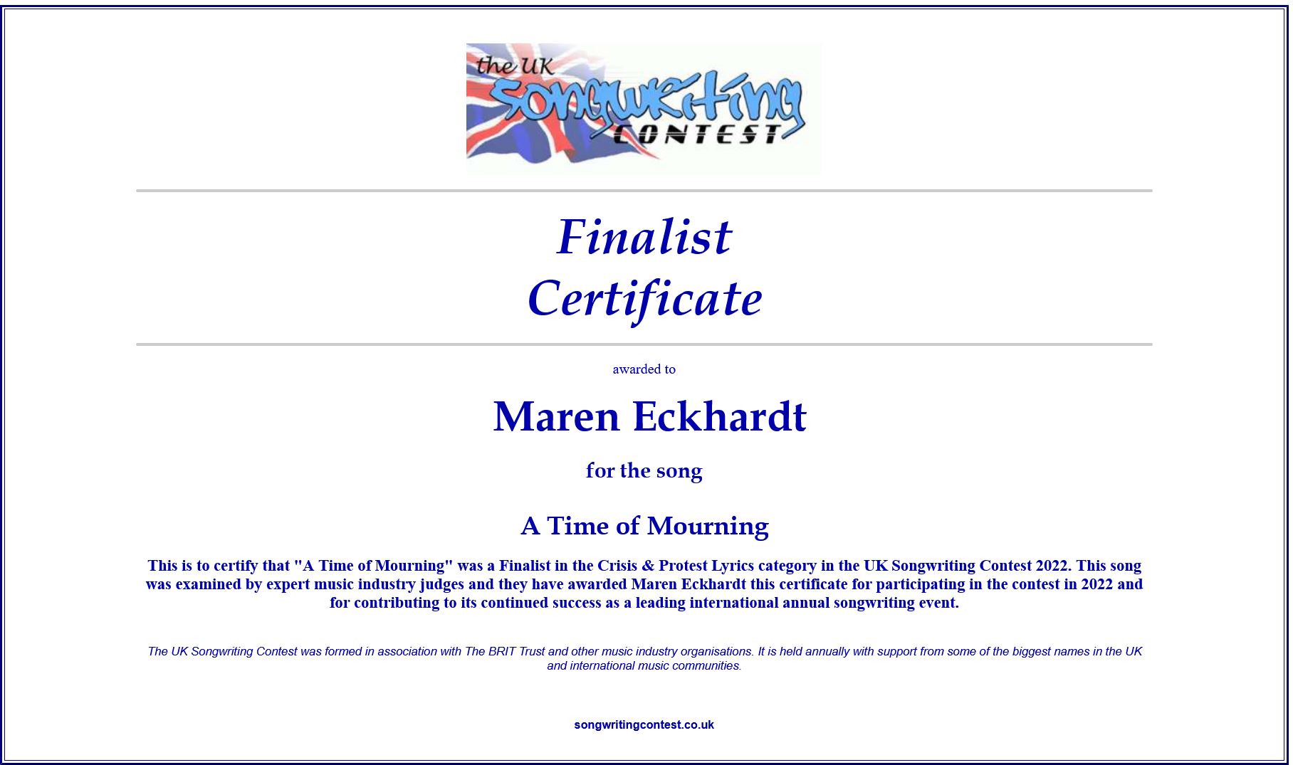 2022 Certificate A Time of Mourning